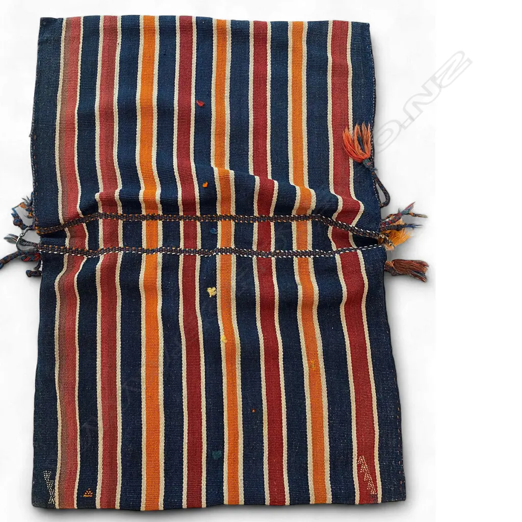Bag – wool, - flatweave - Central Asian double - vertical fibrilated stripes on blue ground - plaited and tasselled ties. 110 x 78cm Image 1++
